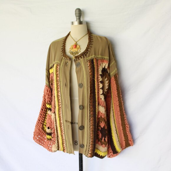 Free People No Rain Jacket cardigan granny Crochet Square Pieced Patchwork LG - Picture 3 of 11